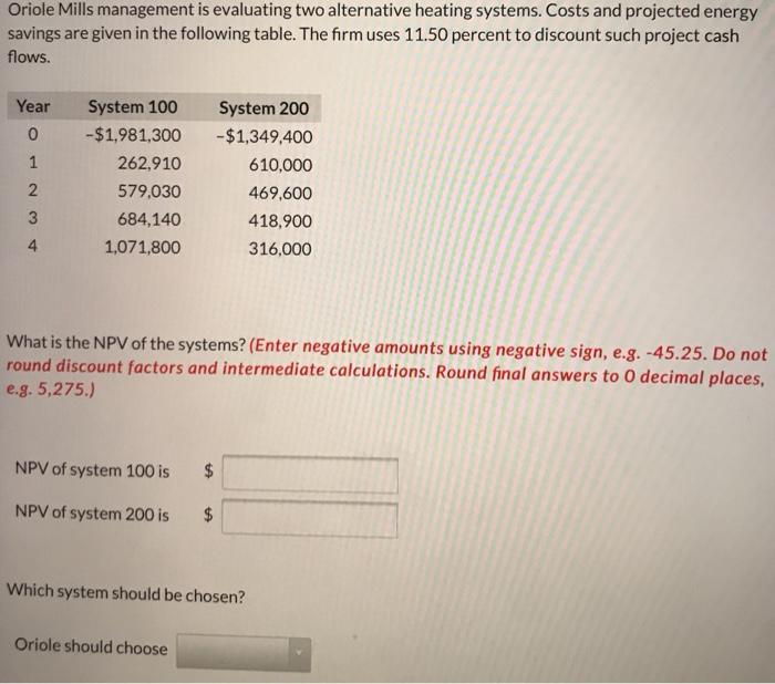  Oriole Mills management is evaluating two alternative heating systems. Costs and