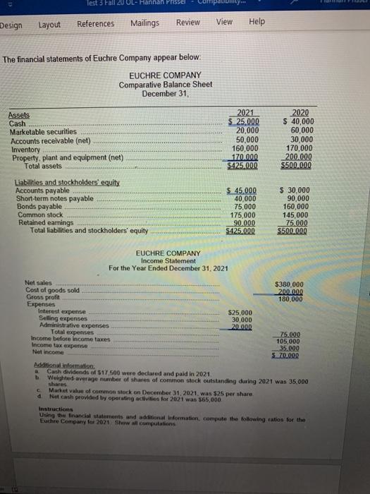  Test 3 Fall 20 UL-Hannan Design Layout References Mailings View Review