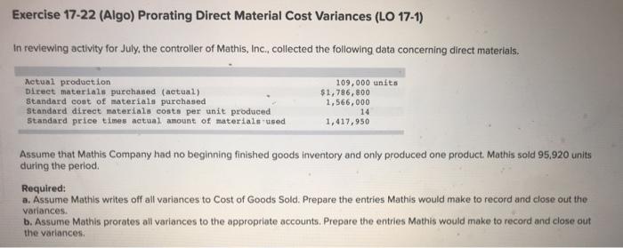  Exercise 17-22 (Algo) Prorating Direct Material Cost Variances (LO 17-1) In