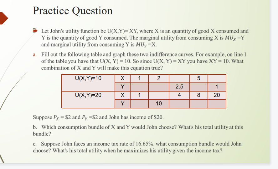 Practice Question Let John's utility function be U(X, Y)= XY, where