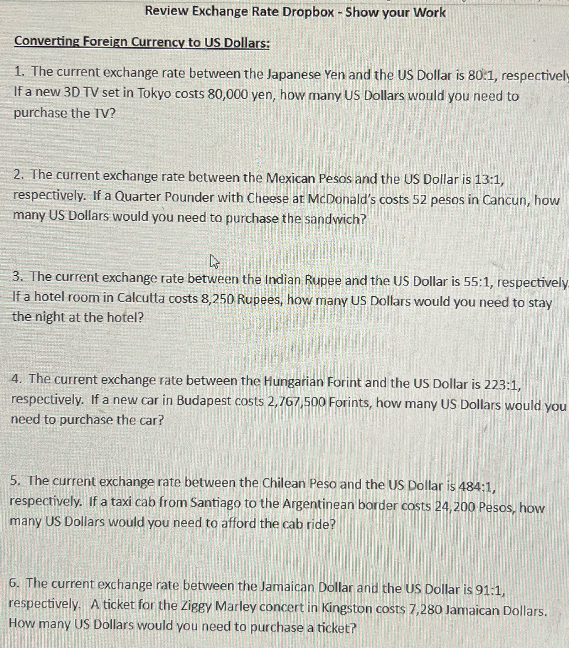  Review Exchange Rate Dropbox - Show your Work Converting Foreign Currency