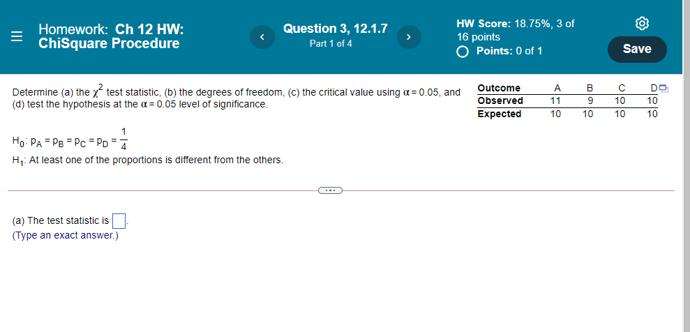 Homework: Ch 12 HW: ChiSquare Procedure Question 3, 12.1.7 Part 1 of