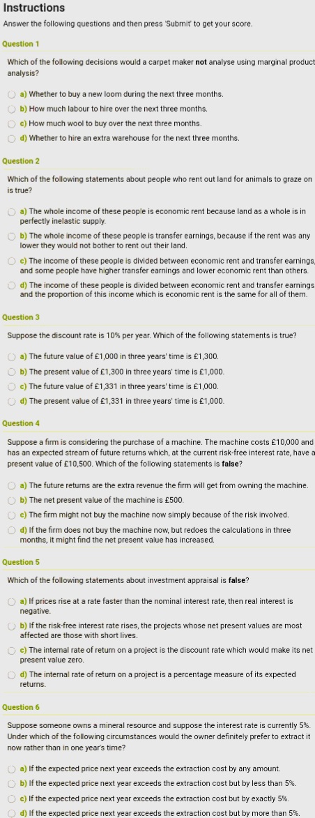  please help Instructions Answer the following questions and then press 'Submit'