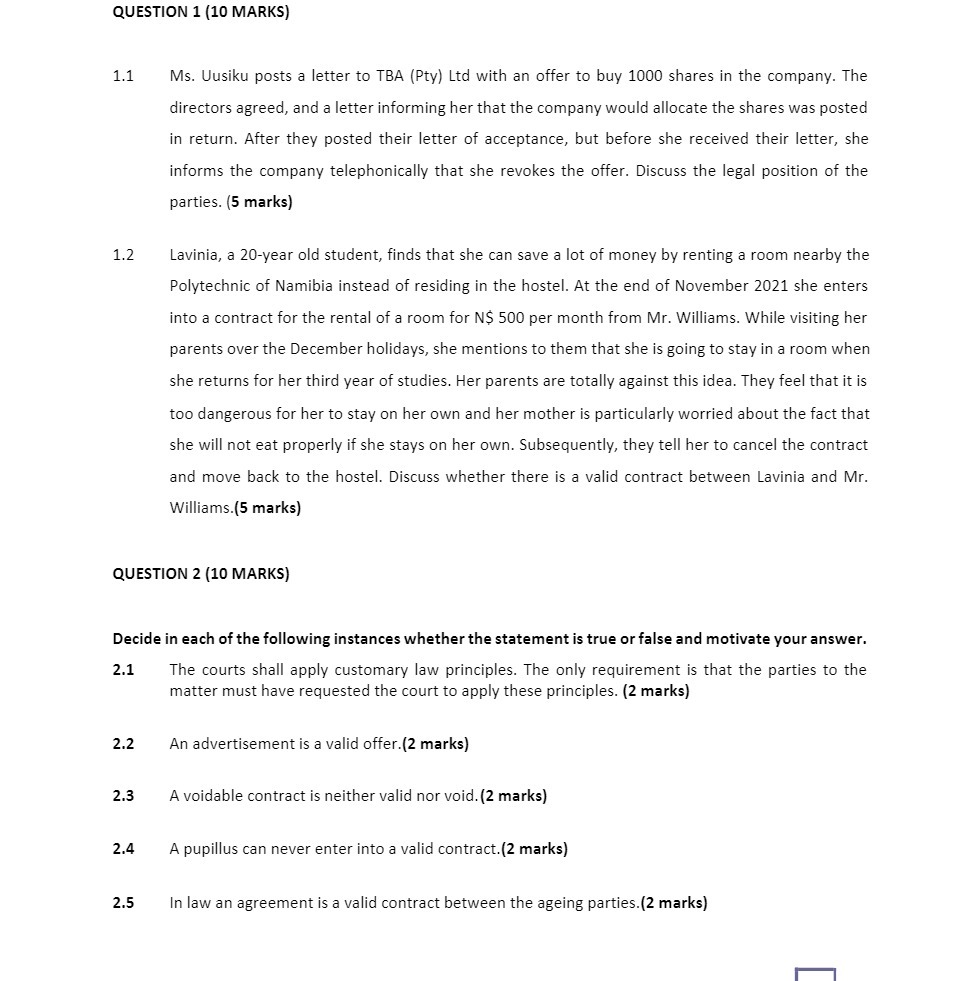 QUESTION 1 [10 MARKS} 1.1 1.2 Ms. Uusiku posts a letter