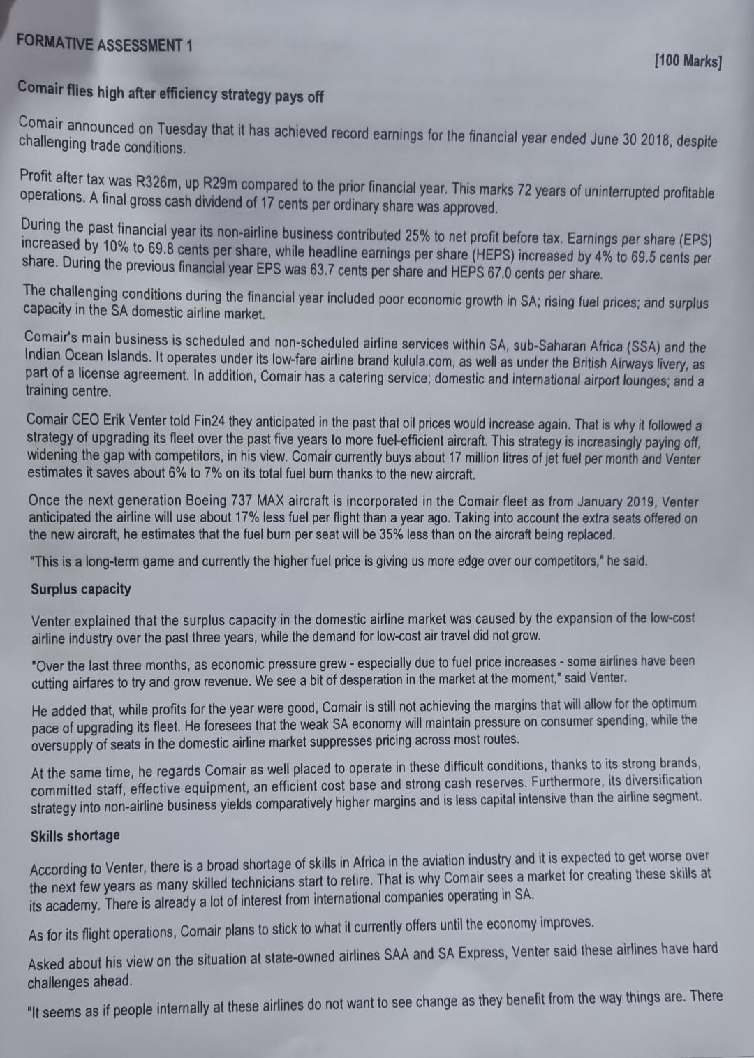 and critically evaluate their vision statement.FORMATIVE ASSESSMENT 1 [100 Marks] Comair flies