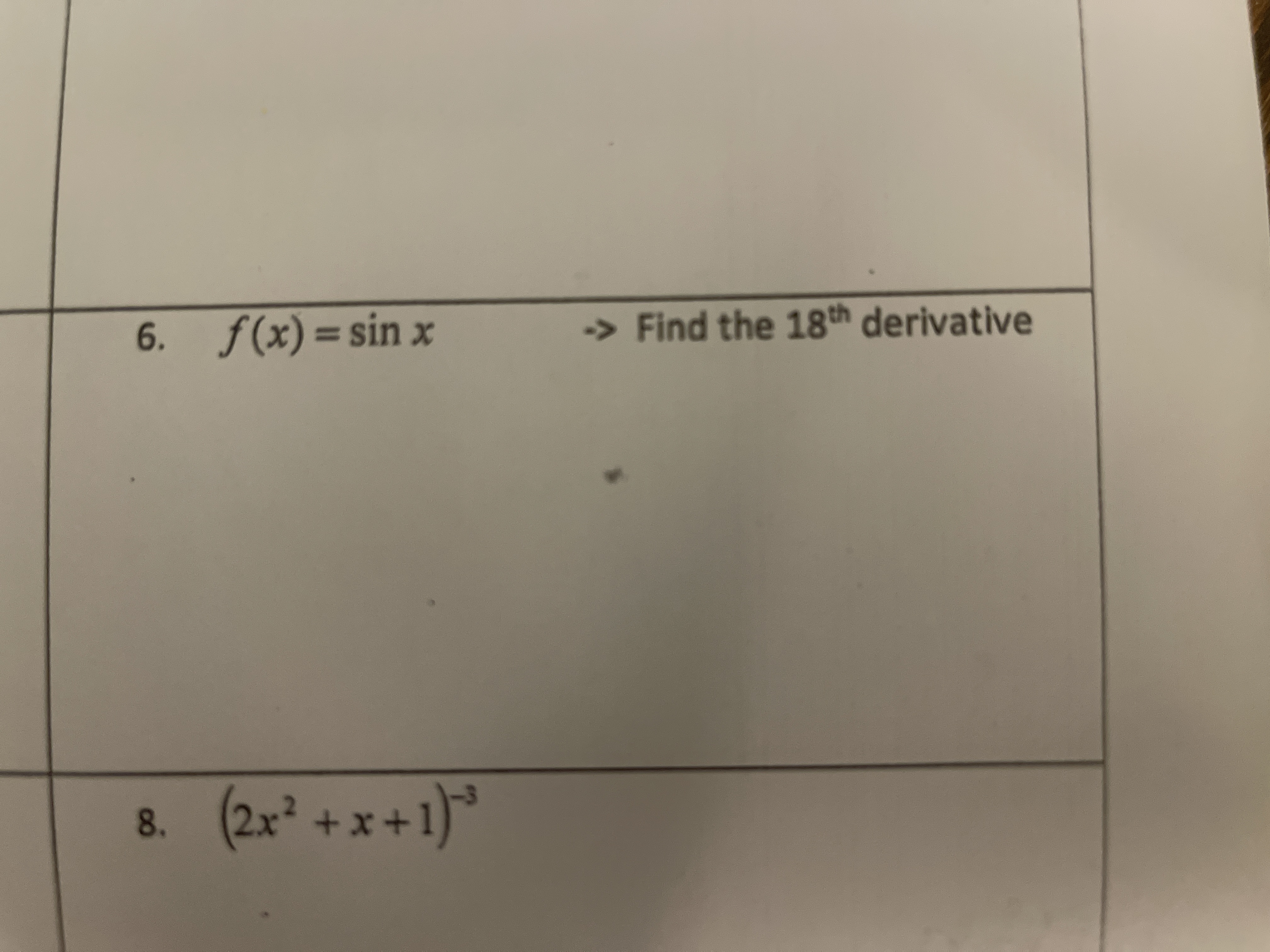 6. 8. f(x) = sin x Find the 18th derivative