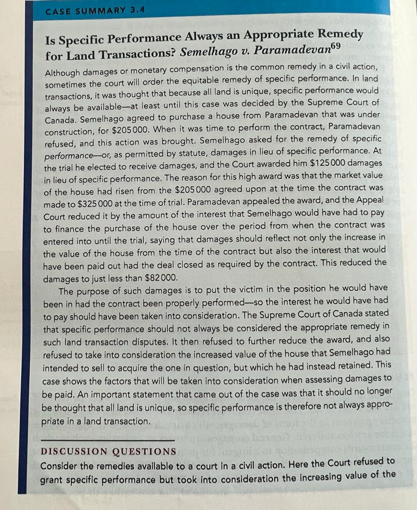  CASE SUMMARY 3.4 Is Specific Performance Always an Appropriate Remedy for