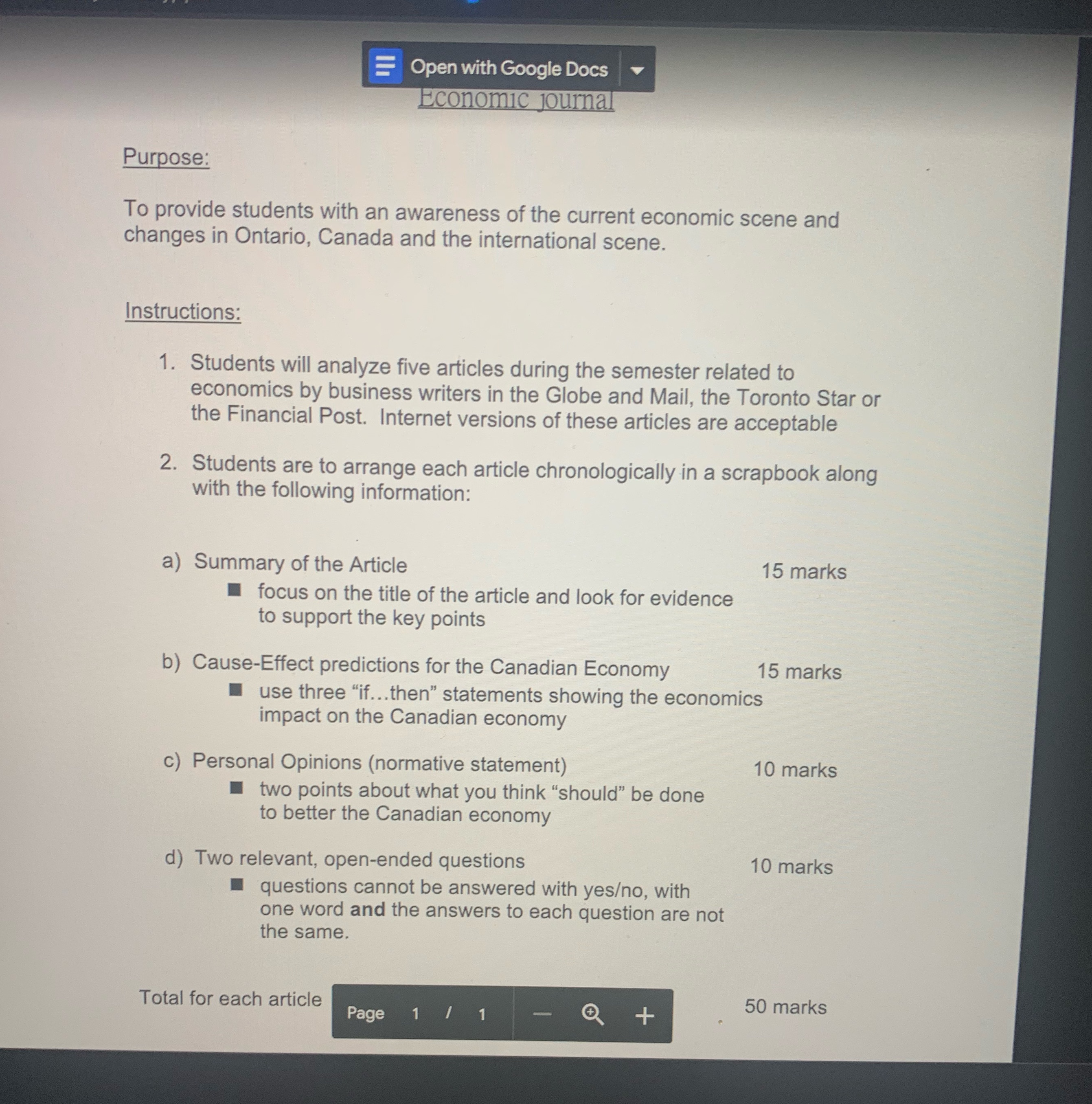 Open with Google Docs Economic journal Purpose: To provide students with