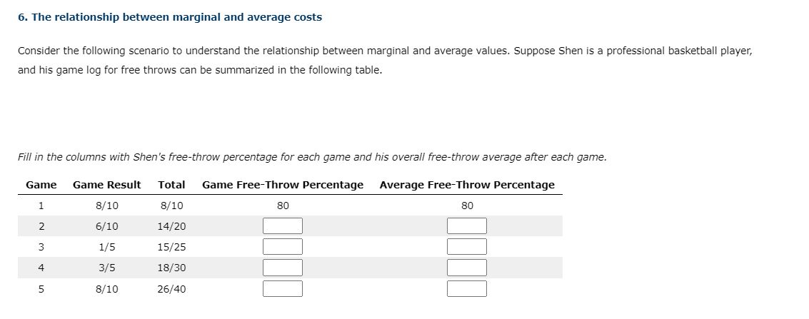 6. The relationship between marginal and average costs Consider the following