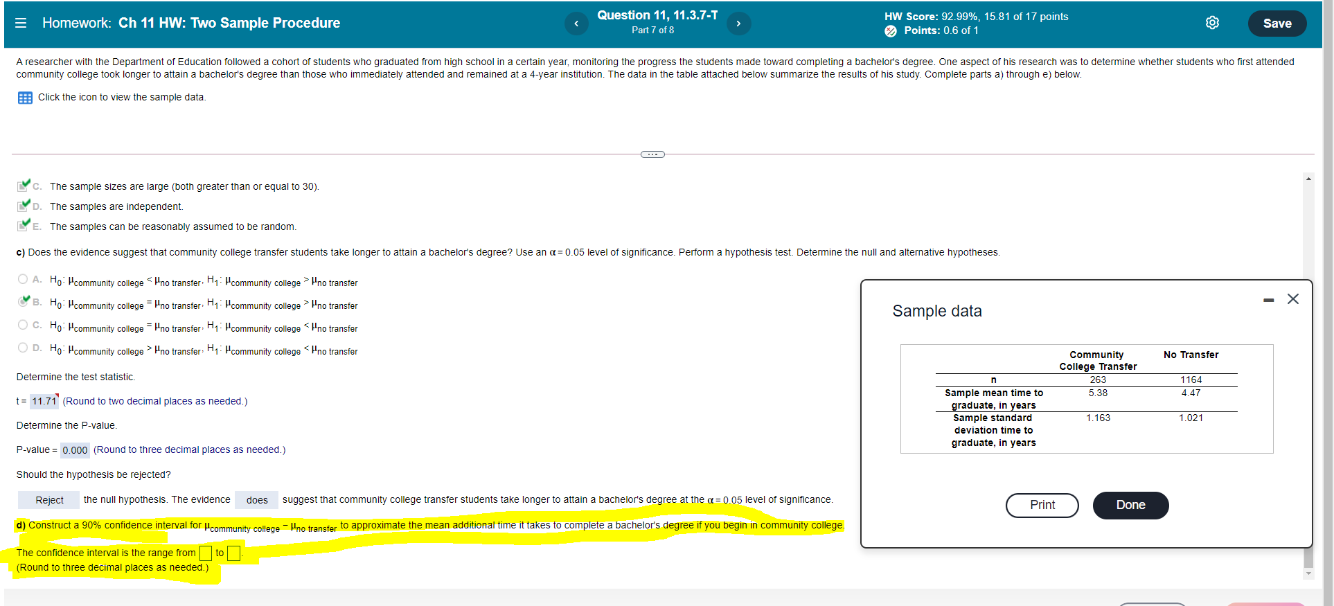 Homework: Ch 11 HW: Two Sample Procedure Question 11, 11.3.7.T Part 7