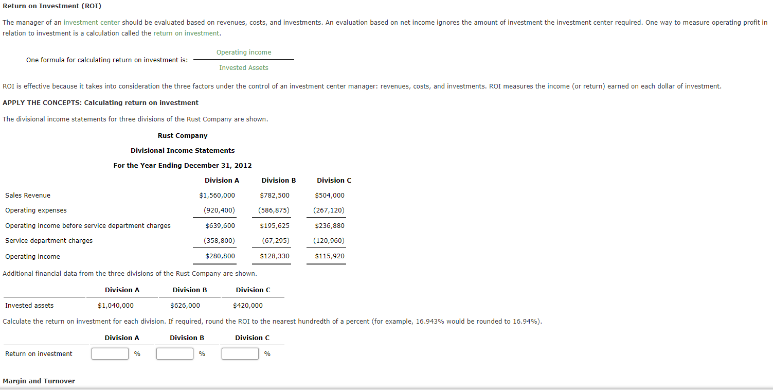 Please help with the following Return on Investment (ROI) The manager of