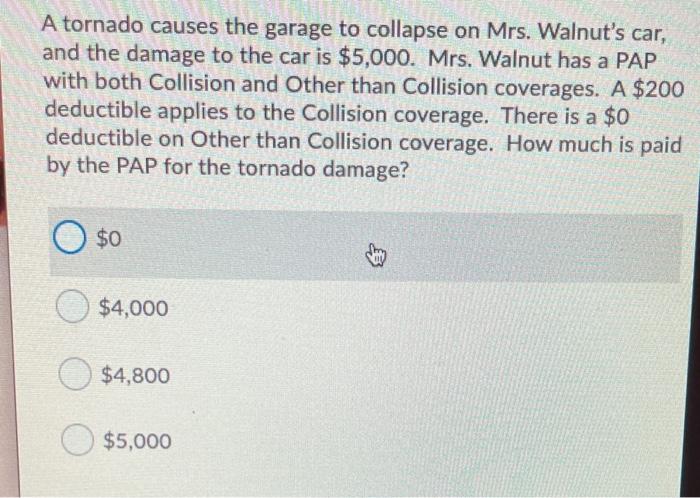  A tornado causes the garage to collapse on Mrs. Walnut's car,