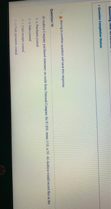  Remaining 1 Question Completion Status: Moving to another question will save