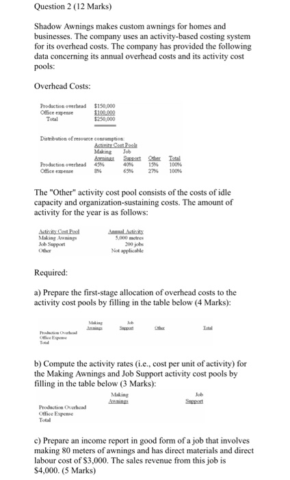 Question 2 (12 Marks) Shadow Awnings makes custom awnings for homes
