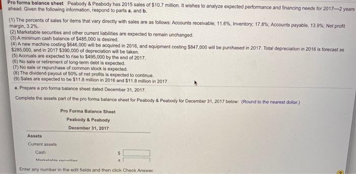 please A-B Pro forma balance sheet Peabody & Peabody has 2015 sales