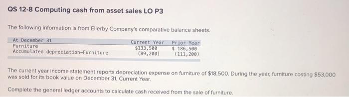 help! QS 12-8 Computing cash from asset sales LO P3 The
