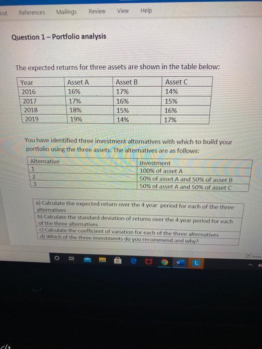  out References Mailings Review View Help Question 1 - Portfolio analysis