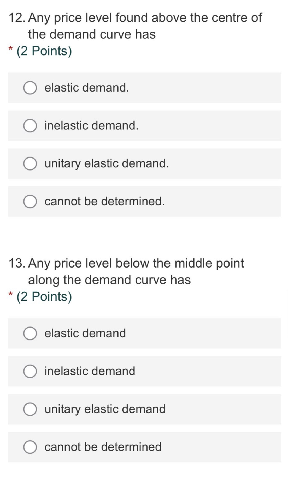 is * (1 Point) O elastic. O inelastic. O unitary elastic 0