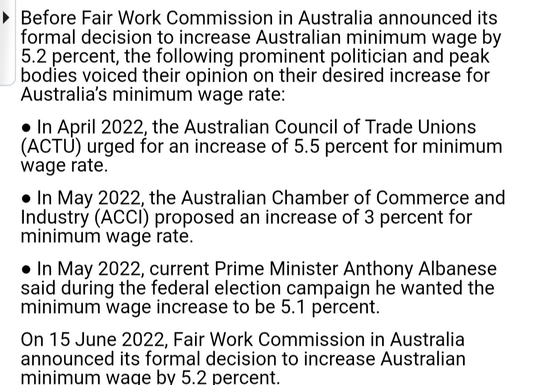 > Before Fair Work Commission in Australia announced its formal decision