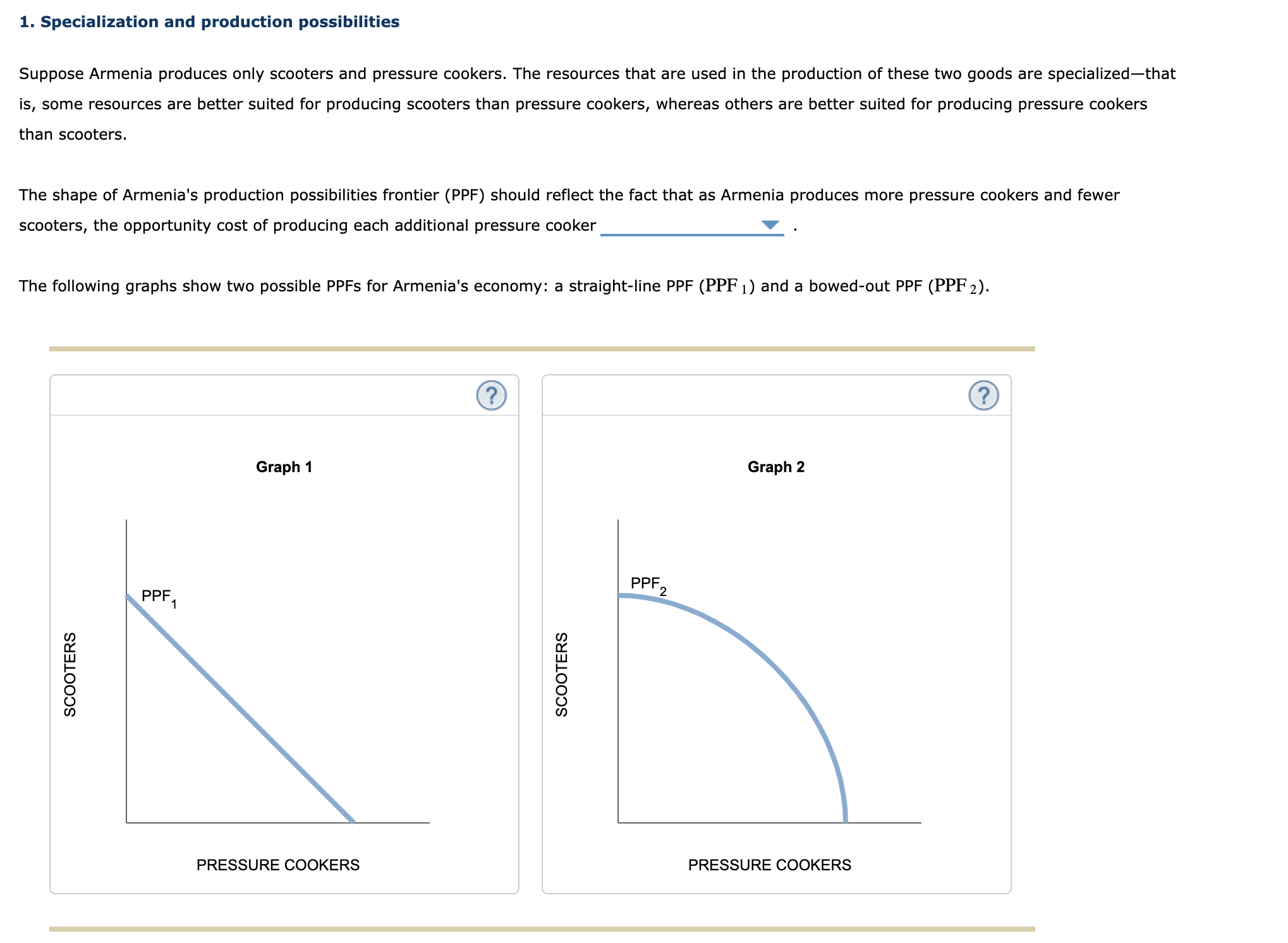 Please help with drawing graph as well 1. Specialization and production possibilities