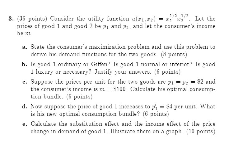  3. (36 points) Consider the utility function u(21,*2) = @1 27