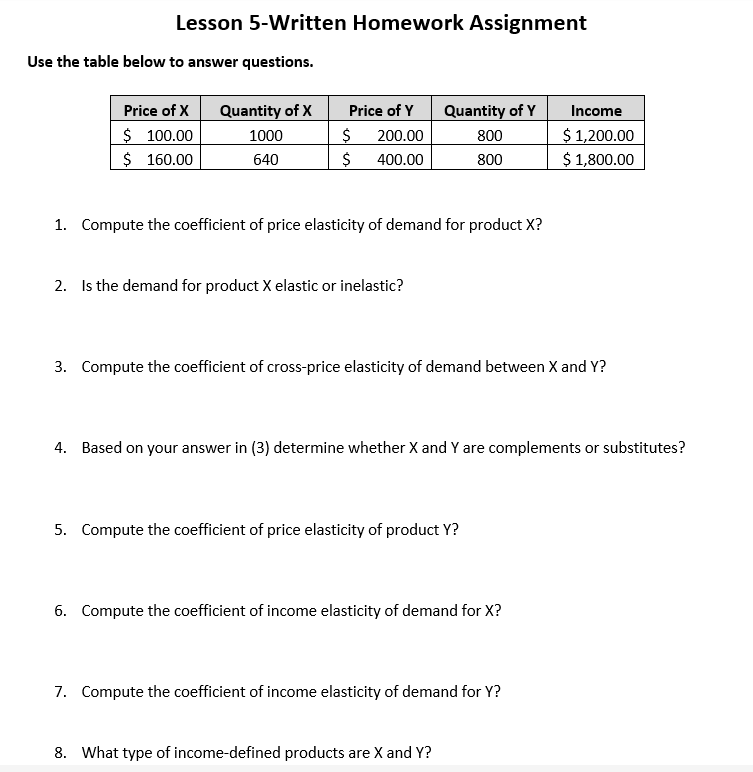  Lesson 5-Written Homework Assignment Use the table below to answer questions.