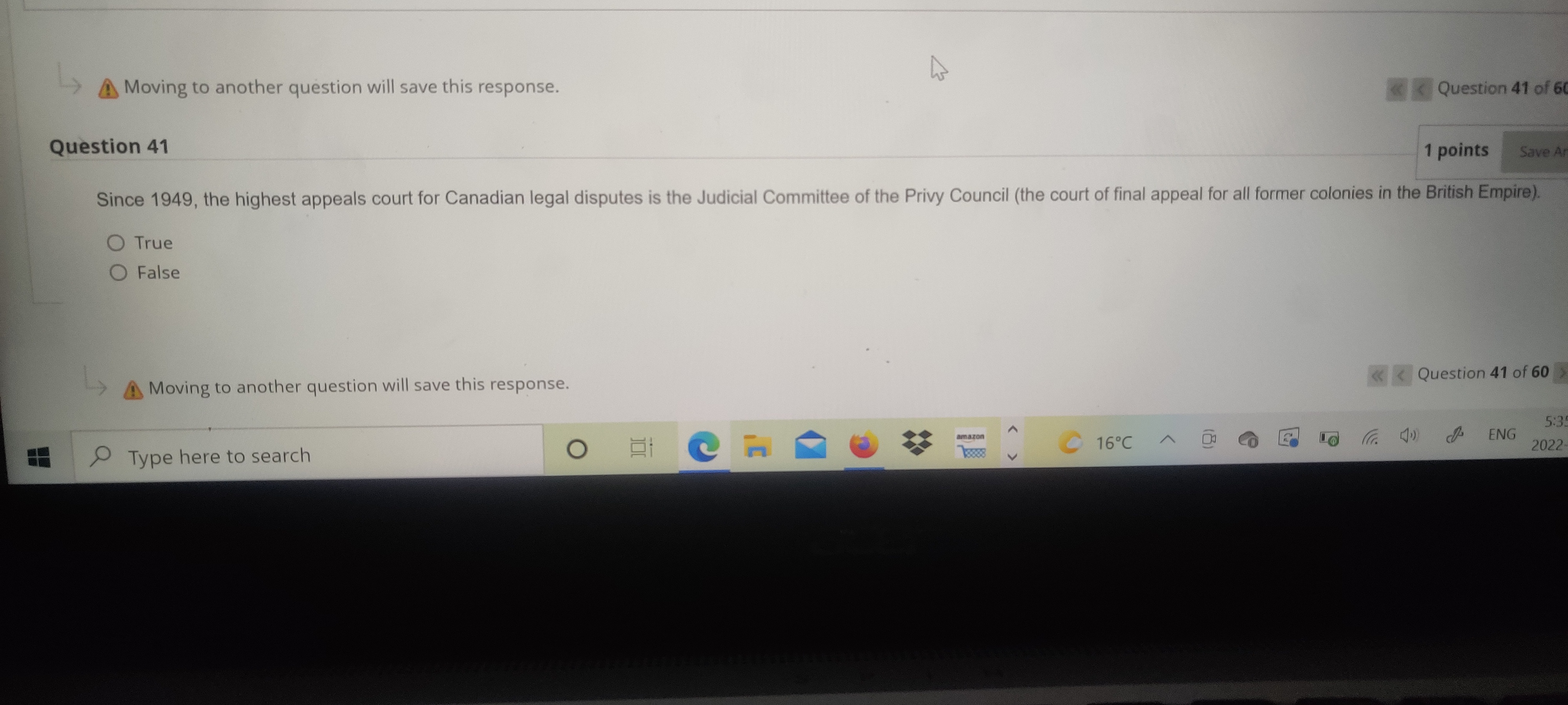  Moving to another question will save this response. Question 41 of