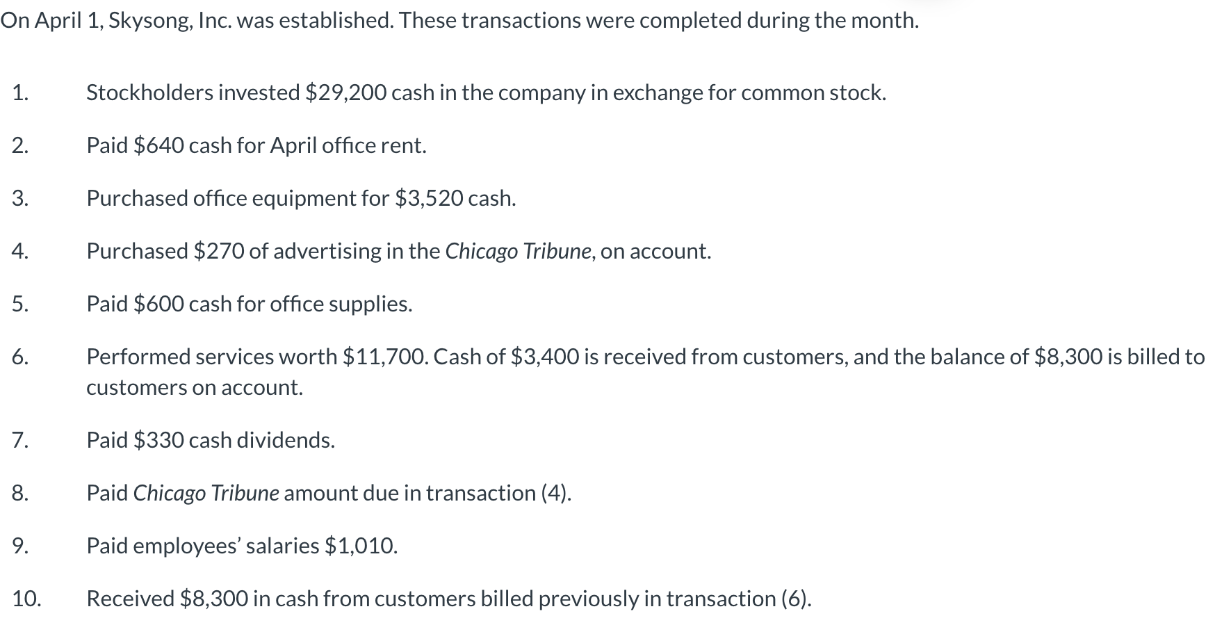  Prepare a tabular analysis of the above transactions. Include margin explanations