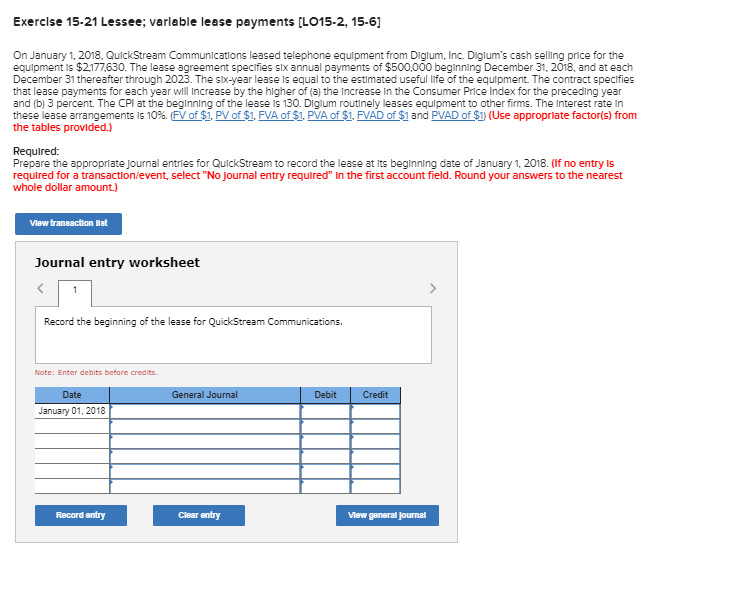 Exercise 15-21 Lessee; variable lease payments (LO15-2, 15-6) On January 1,