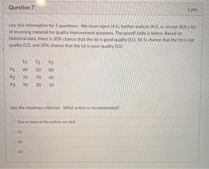  Question 7 1 pts Use this information for 5 questions. We