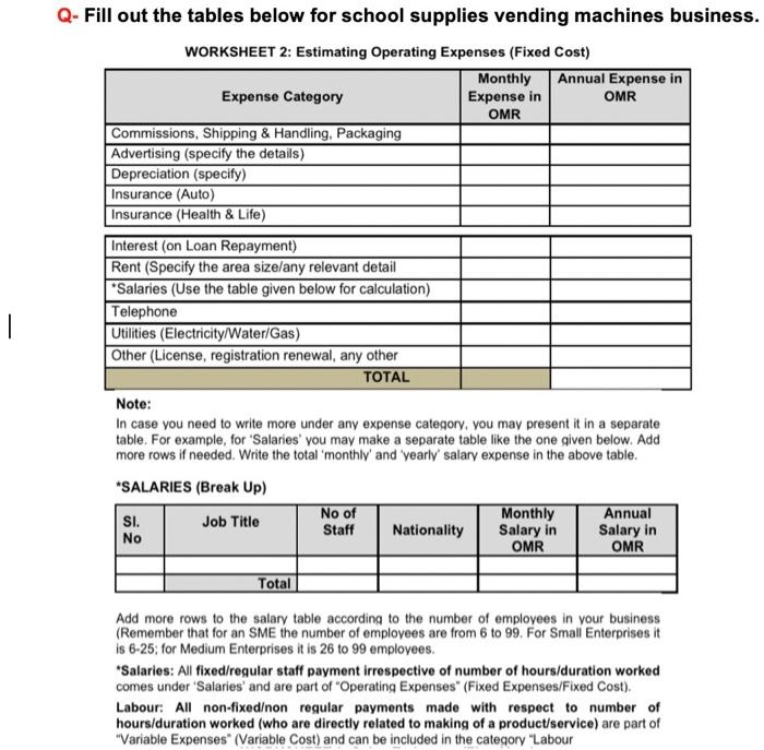  Q- Fill out the tables below for school supplies vending machines