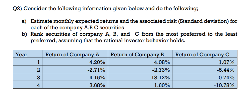 Q2) Consider the following information given below and do the following;