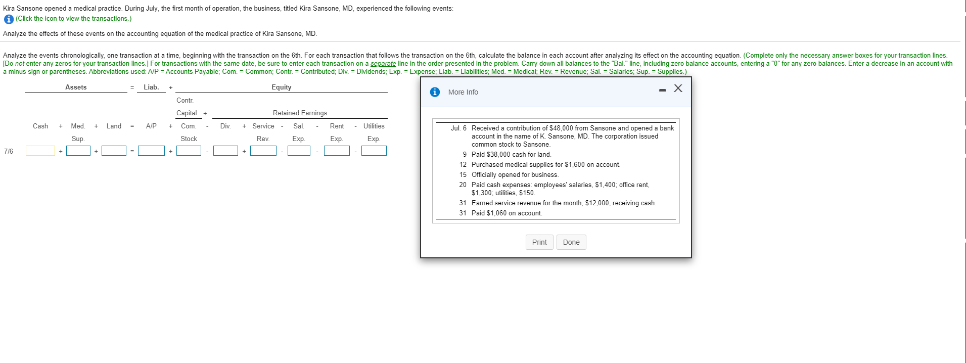 Kira Sansone opened a medical practice. During July, the first month