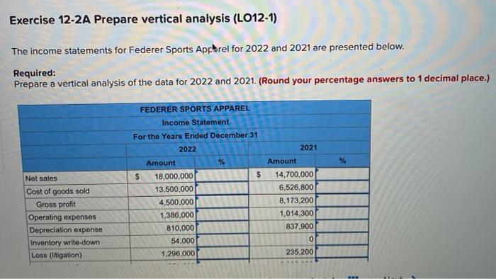  Exercise 12-2A Prepare vertical analysis (L012-1) The income statements for Federer