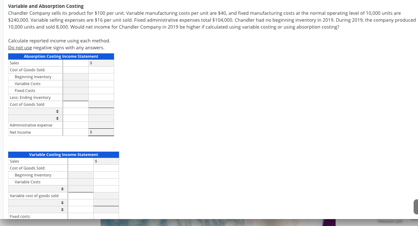 Variable and Absorption Costing Chandler Company sells its product for $100