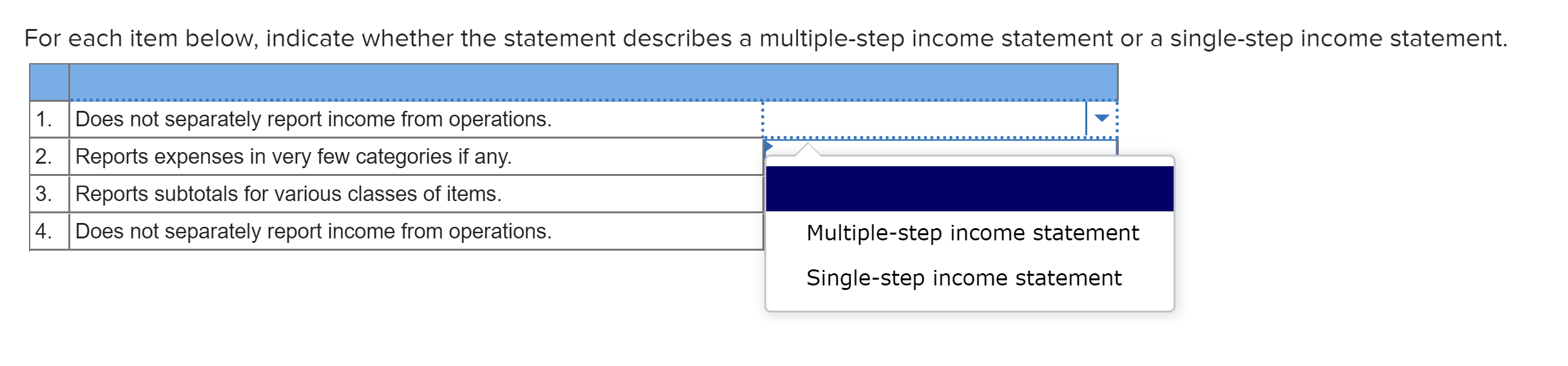  For each item below, indicate whether the statement describes a multiple-step