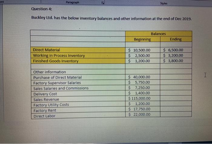  Paragraph Styles Question 4: Buckley Ltd. has the below inventory balances