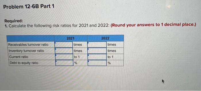  Problem 12-6B Part 1 Required: 1. Calculate the following risk ratios