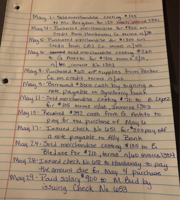  Need help with my final question 100 May 1- Sold merchandise