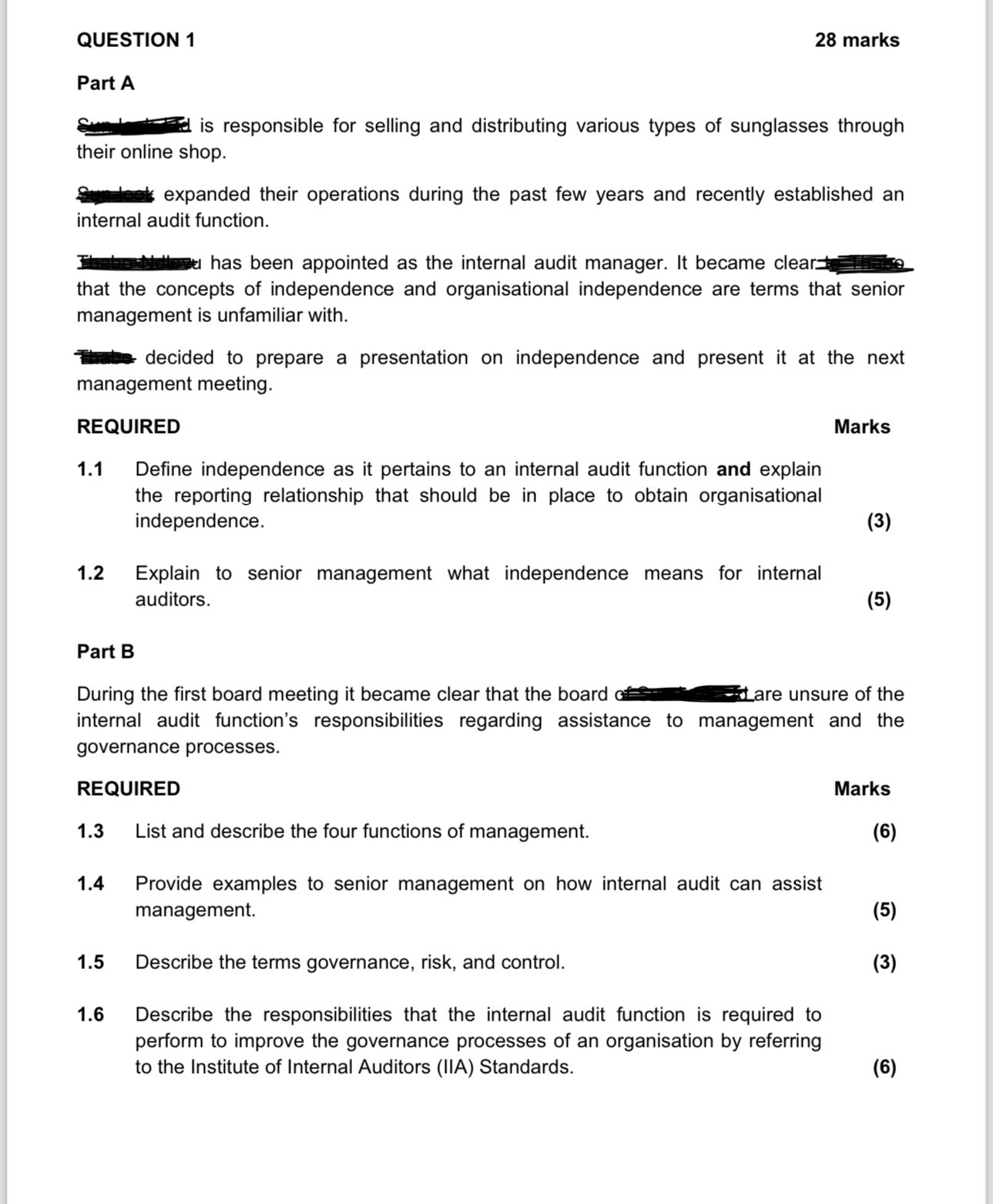  QUESTION 1 28 marks Part A q, is responsible for selling