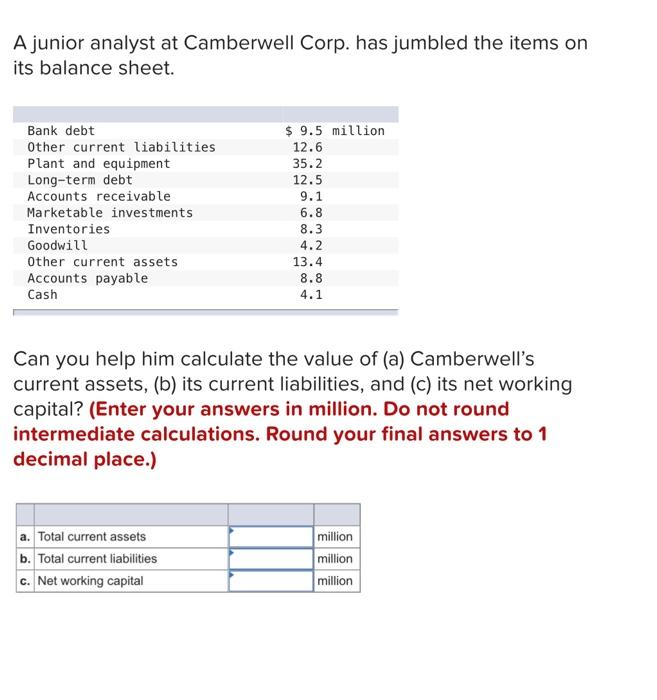  A junior analyst at Camberwell Corp. has jumbled the items on