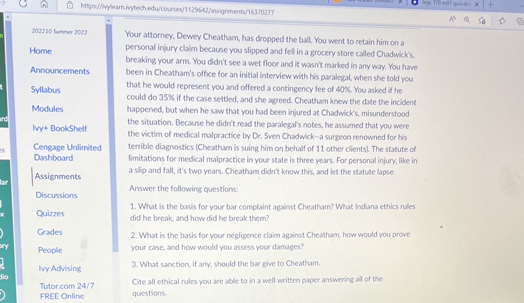  legs 170 m07 quizdoc x + W D https://ivylearn.ivytech.edu/courses/1129642/assignments/16370277 A Q