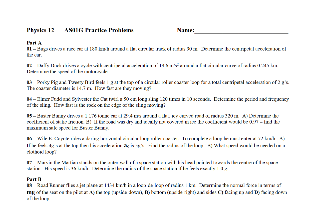  Physics 12 ASOlG Practice Problems Name: Part A 01 Bugs drives
