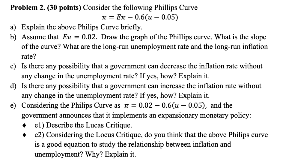 show work please Problem 2. (30 points) Consider the following Phillips Curve