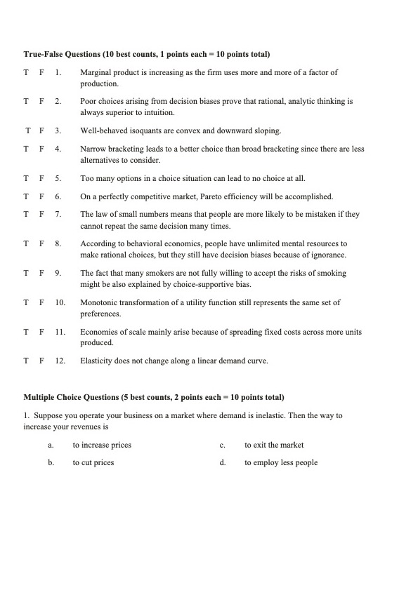  True-False Questions (10 best counts, 1 points each = 10 points