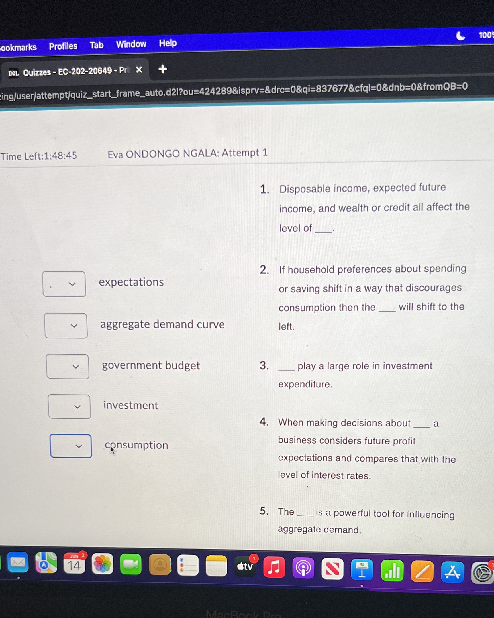  100 ookmarks Profiles Tab Window Help C D2L Quizzes - EC-202-20649