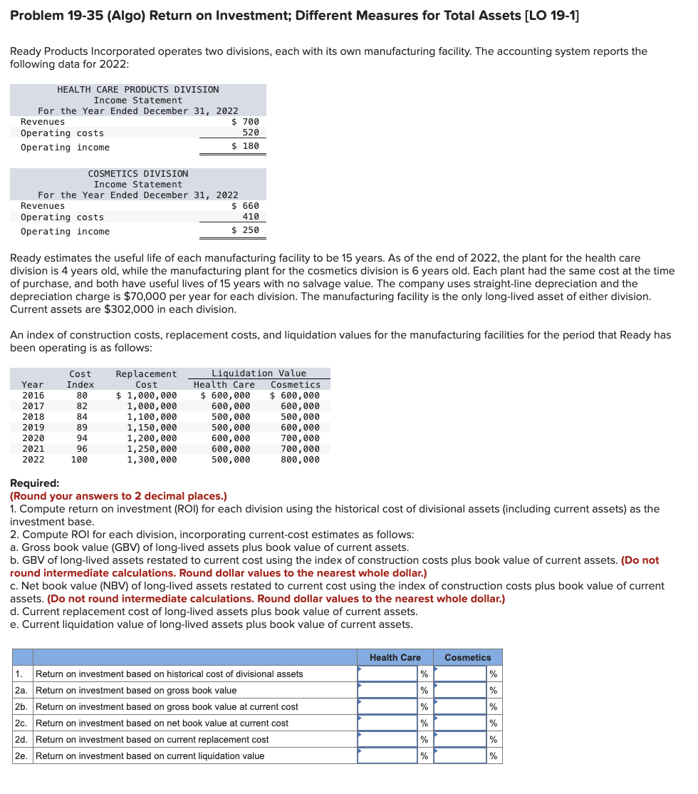  Problem 19-35(Algo) Return on Investment; Different Measures for Total Assets [LO