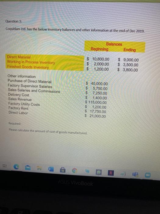  Question 3: Coquitlam Ltd. has the below inventory balances and other