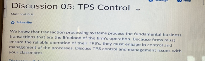  Discussion 05: TPS Control v Must post first. Subscribe We know
