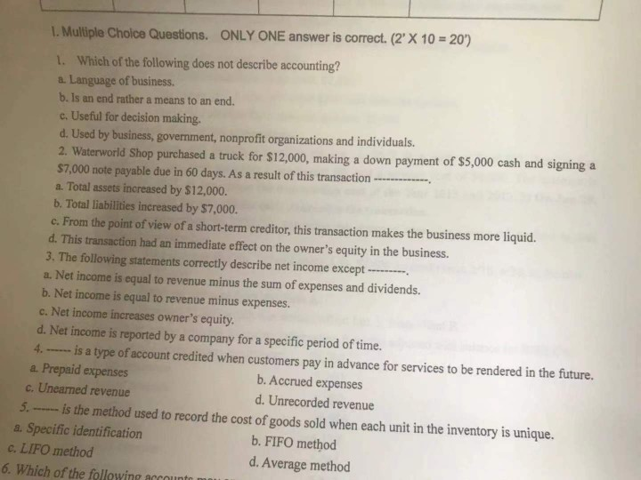  1. Multiple Choice Questions. ONLY ONE answer is correct. (2' X